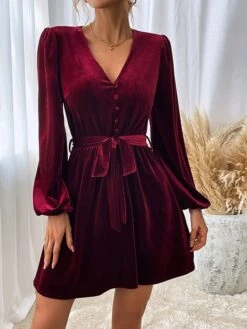 Women's Party Dress Velvet Dress Homecoming Dress Mini Dress Wine Long Sleeve Pure Color Ruched Spring Fall Winter V Neck Fashion Winter Dress Wedding Guest Evening Party Loose Fit 2023 S M L XL -Tesla Style fhwnjz1692601278799