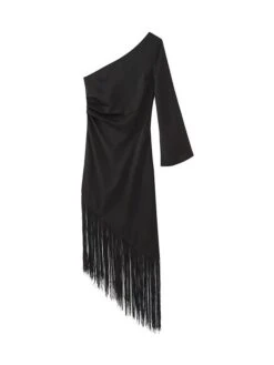 Women's Party Dress Fringe Dress Cocktail Dress Midi Dress Black Long Sleeve Pure Color Tassel Fringe Fall Winter Autumn One Shoulder Fashion Evening Party Vacation 2023 S M L