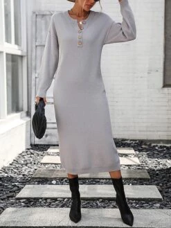 Women's Sweater Dress Winter Dress Jumper Dress Midi Dress Button Street Daily Going Out Fashion Streetwear Crew Neck Long Sleeve 2023 Loose Fit Black White Purple Color S M L XL Size -Tesla Style fieypq1692259869827