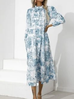 Women's Work Dress Swing Dress Semi Formal Dress Fashion Midi Dress Print Stand Collar Long Sleeve Floral Loose Fit Red Blue Green Fall S M L XL XXL -Tesla Style fikeus1693300600142