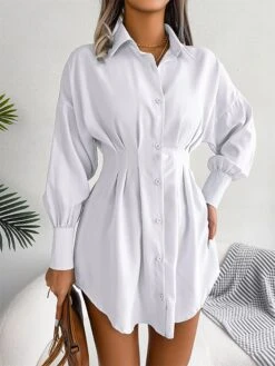 Women's Work Dress White Dress Semi Formal Dress Fashion Office Daily Workfashion Mini Dress Ruched Button Shirt Collar Long Sleeve Plain Loose Fit White Blue Army Green Fall Winter S M L XL -Tesla Style fiwrek1695026950710