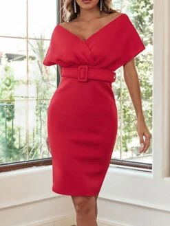 Women's Party Dress Bodycon Sheath Dress Mini Dress Black White Red Short Sleeve Pure Color With Belt Summer Spring V Neck Elegant 2023 S M L XL XXL -Tesla Style fjbrbg1663666159143