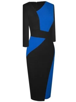 Women's Work Dress Sheath Dress Semi Formal Dress Fashion Midi Dress Patchwork V Neck 3/4 Length Sleeve Color Block Regular Fit Black Red Navy Blue Fall Winter S M L XL XXL -Tesla Style fjngiv1692610639836