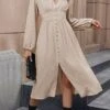 Women's Work Dress Casual Dress Swing Dress Fashion Office Daily Workfashion Midi Dress Button Split V Neck Long Sleeve Plain Regular Fit Apricot Fall Winter S M L XL