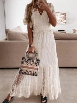 Women's Long Dress Maxi Dress Party Dress Casual Dress White Dress Polka Dot Basic Modern Outdoor Daily Holiday Lace Ruched Short Sleeve V Neck Dress Loose Fit White Summer Spring S M L XL XXL