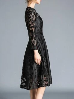 Women's Party Dress Lace Dress Swing Dress Midi Dress Wine Red Black Blue Long Sleeve Pure Color Lace Winter Fall Spring Crew Neck Elegant Party Winter Dress Wedding Guest 2023 S M L XL 2XL 3XL -Tesla Style fkkzkk1647845146306