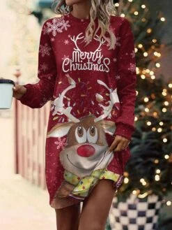 Women's Casual Dress Sweatshirt Dress Mini Dress Warm Fashion Outdoor Christmas Vacation Crew Neck Print Deer Loose Fit Red S M L XL XXL