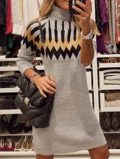 Women‘s Sweater Dress Winter Dress Knit Dress Mini Dress Gray Long Sleeve Geometric Knit Spring Fall Winter Turtleneck Fashion 2023 S M L XL