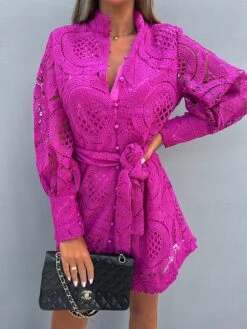 Women's Party Dress Lace Dress Cocktail Dress Mini Dress Black Green Rose Long Sleeve Pure Color Lace Fall Winter Autumn Stand Collar Fashion Vacation 2023 S M L XL -Tesla Style fkuiml1694503330254