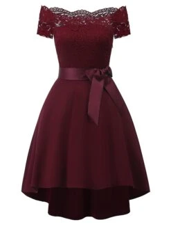 Women‘s Cocktail Party Dress Wedding Guest Dress Black Dress Knee Length Dress White Pink Wine Short Sleeve Pure Color Lace Fall Spring Off Shoulder 2023 S M L XL XXL -Tesla Style flajrn1659514649016