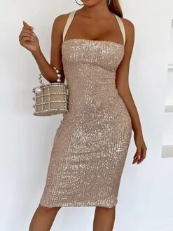 Women‘s Christmas Party Dress Sequin Dress Cocktail Dress Midi Dress White Gold Sleeveless Pure Color Sparkly Glitter Sequins Spring Fall Winter Spaghetti Strap Fashion Wedding Guest Birthday -Tesla Style flixzb1693535320582