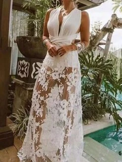 Women's Party Dress Lace Dress White Dress Long Dress Maxi Dress White Sleeveless Floral Lace Spring Summer V Neck Slim S M L XL -Tesla Style fmarpv1650614636529