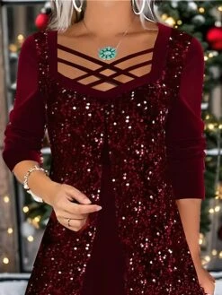 Women's Velvet Dress Party Dress Sequin Dress Midi Dress Burgundy Long Sleeve Pure Color Sequins Spring Fall Winter Square Neck Fashion Winter Dress Christmas Wedding Guest 2023 S M L XL XXL 3XL -Tesla Style fmcoez1697525542338