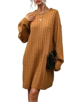 Women's Sweater Dress Jumper Dress Casual Dress Mini Dress Warm Pure Color Outdoor Casual Daily Going Out Crew Neck Long Sleeve 2023 Loose Fit Camel S M L -Tesla Style fmjslh1695106686351