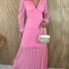 Women's Prom Dress Party Dress Sheath Dress Long Dress Maxi Dress Pink Green Dark Blue Long Sleeve Pure Color Ruched Fall Winter Autumn V Neck Fashion Evening Party Vacation 2023 S M L XL XXL 3XL 4XL -Tesla Style fmmatx1695112995823
