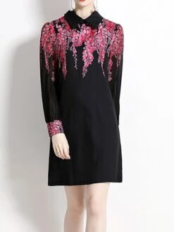 Women's Party Dress Casual Dress Sheath Dress Mini Dress Black White Long Sleeve Floral Print Fall Winter Autumn Shirt Collar Fashion Vacation 2023 M L XL XXL -Tesla Style fndwfn1697451972967