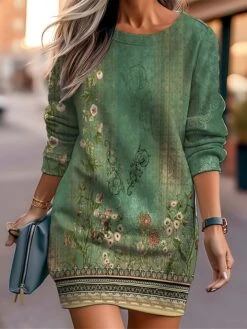 Women's Casual Dress Sweatshirt Dress Mini Dress Warm Fashion Outdoor Vacation Going Out Crew Neck Print Floral Print Loose Fit Black Burgundy Royal Blue S M L XL XXL