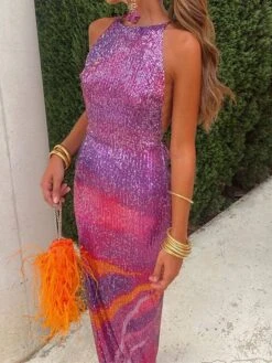 Women‘s Prom Dress Party Dress Homecoming Dress Sequin Dress Long Dress Maxi Dress Blue Purple Sleeveless Ombre Sequins Sparkly Glitter Spring Fall Winter Spaghetti Strap Fashion Wedding Guest -Tesla Style fnijfn1693983146730