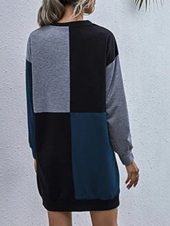 Women's Casual Dress Hoodie Dress Mini Dress Fashion Daily Outdoor Home Vacation Crew Neck Patchwork Print Loose Fit Blue Army Green Dark Gray S M L XL -Tesla Style fnmbzd1693535796456