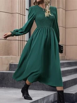 Women's Work Dress Casual Dress Swing Dress Fashion Office Daily Workfashion Midi Dress Ruched Crew Neck Long Sleeve Plain Slim Green Fall Winter S M L XL