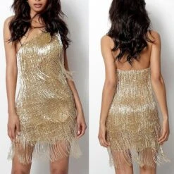 Women's Party Dress Fringe Dress Homecoming Dress Mini Dress Gold Sleeveless Pure Color Tassel Fringe Summer Spring Fall One Shoulder Fashion Wedding Guest Birthday Vacation Slim 2022 S M L XL