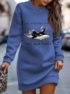 Women's Sweatshirt Dress Casual Dress Mini Dress Warm Fashion Outdoor Vacation Going Out Crew Neck Print Print Regular Fit White Blue Fuchsia S M L XL XXL -Tesla Style foezeq1697706677311
