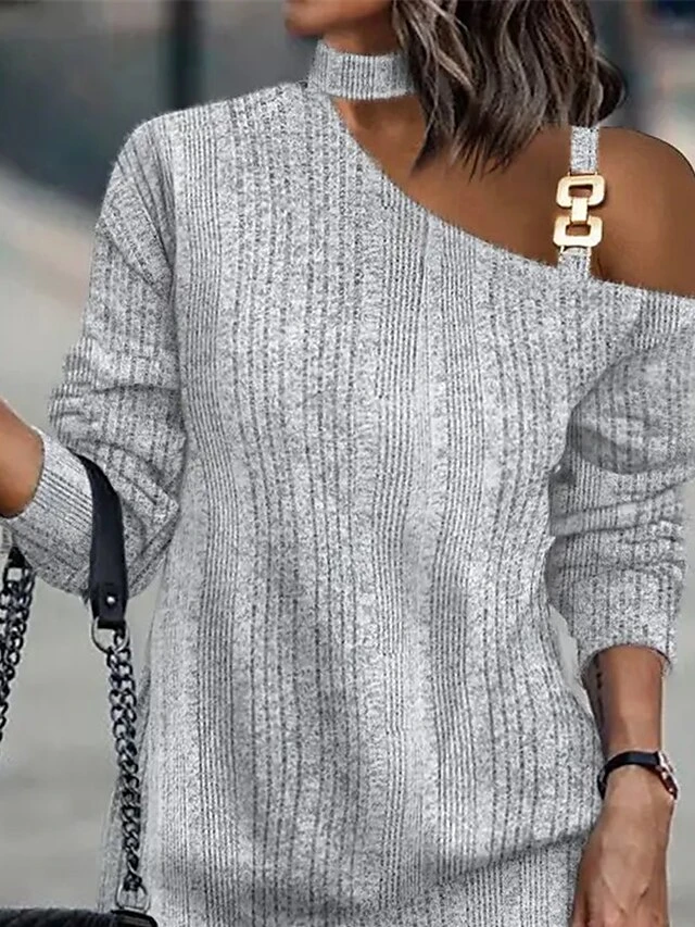 Women's Work Dress Casual Dress Sheath Dress Fashion Winter Dress Daily Mini Dress Patchwork One Shoulder Long Sleeve Plain Loose Fit Gray Fall Winter S M L XL XXL 4 Women's Work Dress Casual Dress Sheath Dress Fashion Winter Dress Daily Mini Dress Patchwork One Shoulder Long Sleeve Plain Loose Fit Gray Fall Winter S M L XL XXL - Image 2