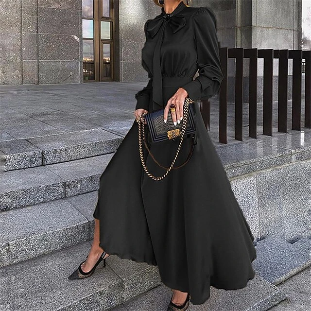 Women‘s Party Dress Wedding Guest Dress Satin Dress Swing Dress Long Dress Maxi Dress Black Yellow Red Long Sleeve Pure Color Lace Up Fall Autumn Stand Collar Modern Winter Dress 2023 S M L XL XXL 4 Women‘s Party Dress Wedding Guest Dress Satin Dress Swing Dress Long Dress Maxi Dress Black Yellow Red Long Sleeve Pure Color Lace Up Fall Autumn Stand Collar Modern Winter Dress 2023 S M L XL XXL - Image 2
