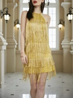 Women's Party Dress Fringe Dress Cocktail Dress Mini Dress Purple Gold Sleeveless Pure Color Tassel Fringe Summer Spring Fall Halter Neck Fashion Wedding Guest Vacation Summer Dress 2023 S M L XL -Tesla Style foizag1690341246661