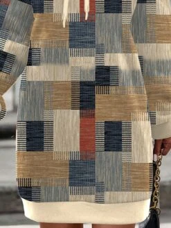 Women's Casual Dress Hoodie Dress Winter Dress Geometric Plaid Print Hooded Mini Dress Fashion Streetwear Outdoor Daily Long Sleeve Loose Fit Khaki Fall Winter S M L XL XXL -Tesla Style foyrkz1694056856317