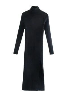 Women's Sweater Dress Winter Dress Jumper Dress Midi Dress Split Outdoor Street Daily Fashion Streetwear Stand Collar Long Sleeve 2023 Loose Fit Black Blue Brown Color S M Size -Tesla Style fpbahp1694594611963