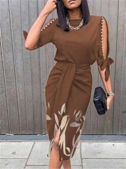 Women's Work Dress Sheath Dress Semi Formal Dress Fashion Midi Dress Cut Out Print Crew Neck Half Sleeve Floral Regular Fit Brown Green Summer Spring S M L XL XXL -Tesla Style fphgmo1680088229689