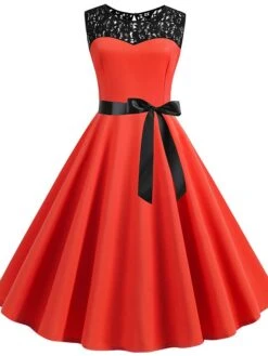 Women's Lace Dress Vintage Dress Swing Dress Black Dress Light Blue Wine Red Black Sleeveless Print Lace Up Summer Spring Fall Crew Neck Vintage -Tesla Style fpmasx1602866796439