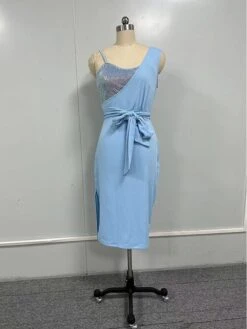 Women‘s Party Dress Jacket Dress Knee Length Dress Green Blue Pink Sleeveless Color Block Sequins Ruched Lace Up Spring Summer One Shoulder Party Stylish Elegant Party 2023 S M L XL 2XL 3XL -Tesla Style fpqdmj1693281489268