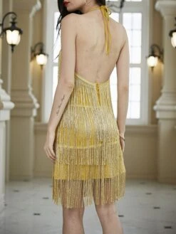 Women's Party Dress Fringe Dress Cocktail Dress Mini Dress Purple Gold Sleeveless Pure Color Tassel Fringe Summer Spring Fall Halter Neck Fashion Wedding Guest Vacation Summer Dress 2023 S M L XL -Tesla Style fpubui1690341248909