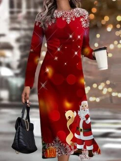 Women's Christmas Work Dress Casual Dress Semi Formal Dress Fashion Winter Dress Daily Midi Dress Print Crew Neck Long Sleeve Christmas Tree Snowflake Slim White Wine Drak Red Fall Winter S M L XL XXL