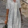 Women's Wedding Guest Dress Party Dress Sequin Dress Midi Dress Silver Short Sleeve Pure Color Sequins Summer Spring Split Neck Party Office Vacation Summer Dress S M L XL 2XL 3XL -Tesla Style fqiljy1680749945665
