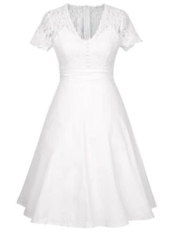 Women's Party Dress Lace Dress Homecoming Dress Midi Dress White Short Sleeve Pure Color Lace Summer Spring V Neck Stylish Party Wedding Guest Spring Dress 2023 S M L XL XXL 3XL -Tesla Style fqpdwp1660535342833