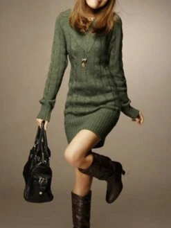 Women‘s Sweater Dress Winter Dress Green Beige Gray Long Sleeve Pure Color Ruched Winter Fall V Neck Casual 2022 One-Size -Tesla Style fqulxe1631956922004