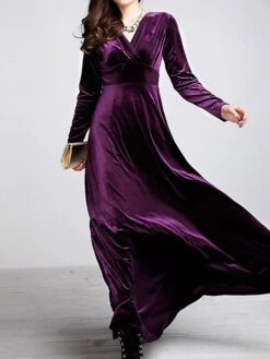Women‘s Party Dress Wedding Guest Dress Velvet Dress Long Dress Maxi Dress Black Wine Royal Blue Long Sleeve Pure Color Ruched Fall Spring V Neck Fashion Party Winter Dress Evening Party 2023 S M L XL -Tesla Style friowx1664516296538