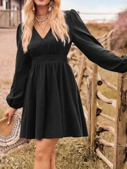 Women's Work Dress Black Dress Semi Formal Dress Fashion Mini Dress Ruched V Neck Long Sleeve Plain Regular Fit Black Red Blue Fall Winter S M L XL -Tesla Style frlwcg1693300572015