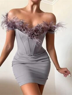 Women‘s Party Dress Corset Dress Feather Dress Homecoming Dress Black Dress Mini Dress Purple Gray Sleeveless Pure Color Backless Summer Spring Off Shoulder Fashion Evening Party 2023 -Tesla Style frzpjw1672986696477