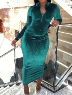 Women's Party Dress Velvet Dress Wedding Guest Dress Midi Dress Black Pink Wine Long Sleeve Pure Color Zipper Spring Fall Winter V Neck Fashion Winter Dress Evening Party Wedding Guest 2023 S M L XL -Tesla Style fshdgr1692615530130