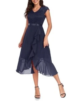 Women's Party Dress Lace Dress Cocktail Dress Midi Dress Black Wine Navy Blue Short Sleeve Pure Color Lace Spring Fall Winter V Neck Fashion Winter Dress Wedding Guest Vacation 2023 S M L XL XXL -Tesla Style fshqlx1692179102033