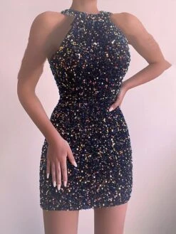 Women's Party Dress Sequin Dress Homecoming Dress Mini Dress Black White Champagne Sleeveless Pure Color Sequins Summer Spring Halter Neck Fashion 2023 S M L XL XXL -Tesla Style fspwvh1655866489951