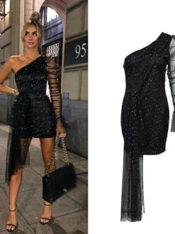 Women‘s Party Dress Wedding Guest Dress Bodycon Sheath Dress Mini Dress Black Long Sleeve Pure Color Ruched Winter Fall Spring One Shoulder Fashion Party Winter Dress Fall Dress Slim 2023 S M L XL -Tesla Style ftuvsl1675674359520