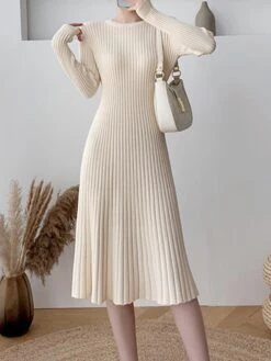 Women's Sweater Dress Jumper Dress Casual Dress Midi Dress Fashion Pure Color Outdoor Daily Going Out Crew Neck Long Sleeve 2023 Slim Black Blue Apricot One Size -Tesla Style fumnuj1696670412178