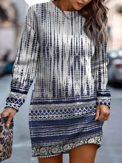 Women's Casual Dress Sweatshirt Dress Mini Dress Warm Fashion Outdoor Holiday Vacation Crew Neck Print Floral Geometric Print Loose Fit Black Royal Blue Blue S M L XL XXL -Tesla Style fvbzia1692933990312