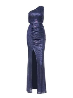Women‘s Prom Dress Party Dress Sequin Dress Long Dress Maxi Dress White Dark Blue Sleeveless Pure Color Sparkly Glitter Sequins Spring Fall Winter One Shoulder Fashion Wedding Guest Birthday -Tesla Style fvmgbo1692769429578