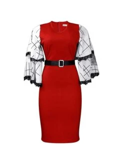 Women's Work Dress Casual Dress Black Dress Fashion Office Daily Workfashion Midi Dress Lace Up Mesh V Neck 3/4 Length Sleeve Color Block Regular Fit Black White Red Fall Winter S M L XL XXL -Tesla Style fwakjo1695645205315